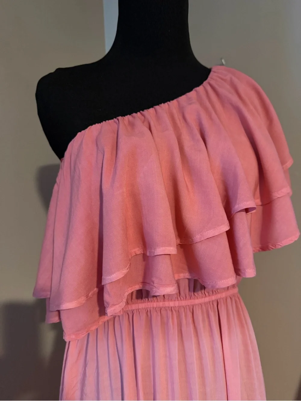 April Cornell Pink One Shoulder Ruffle Layered Modal Maxi Dress Size M